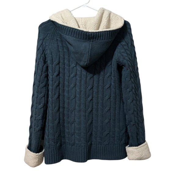 Cabelas Women's Knit Button Cardigan Sweater Jacket Teal Blue Size S Sherpa Hood - Picture 2 of 14